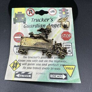 Trucker Protection Pin Angel Boy on Semi Truck Metal Big Rig Lapel Pin Vintage